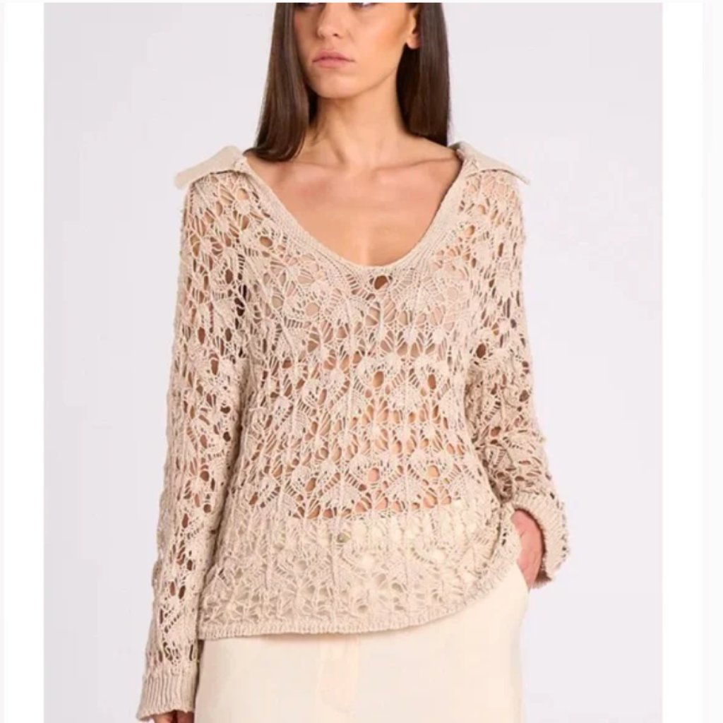 Tenne Knit Crochet Polo Sweater Blouse Top Size M